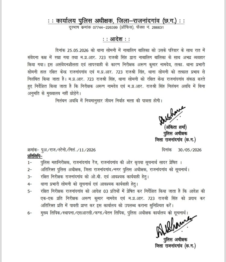 नाबालिग बालिका से जुड़े मामले में चूक, थाना प्रभारी और आरक्षक पर निलंबन की कार्रवाई