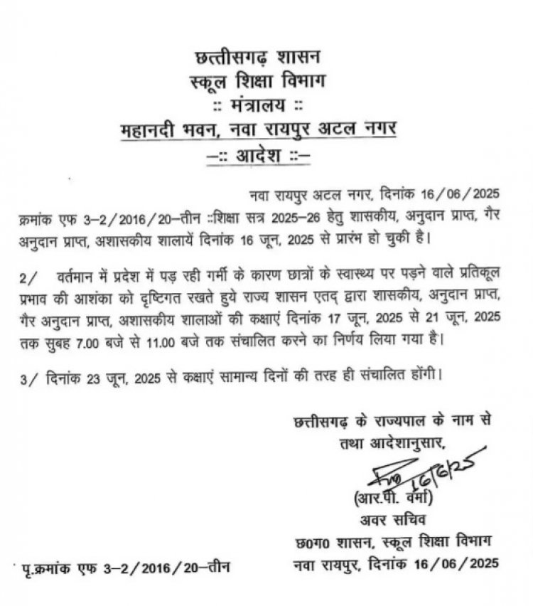 छत्तीसगढ़: स्कूलों के समय में बदलाव,17 जून से 21 जून तक सुबह 7 से 11 लगेंगी कक्षाएं