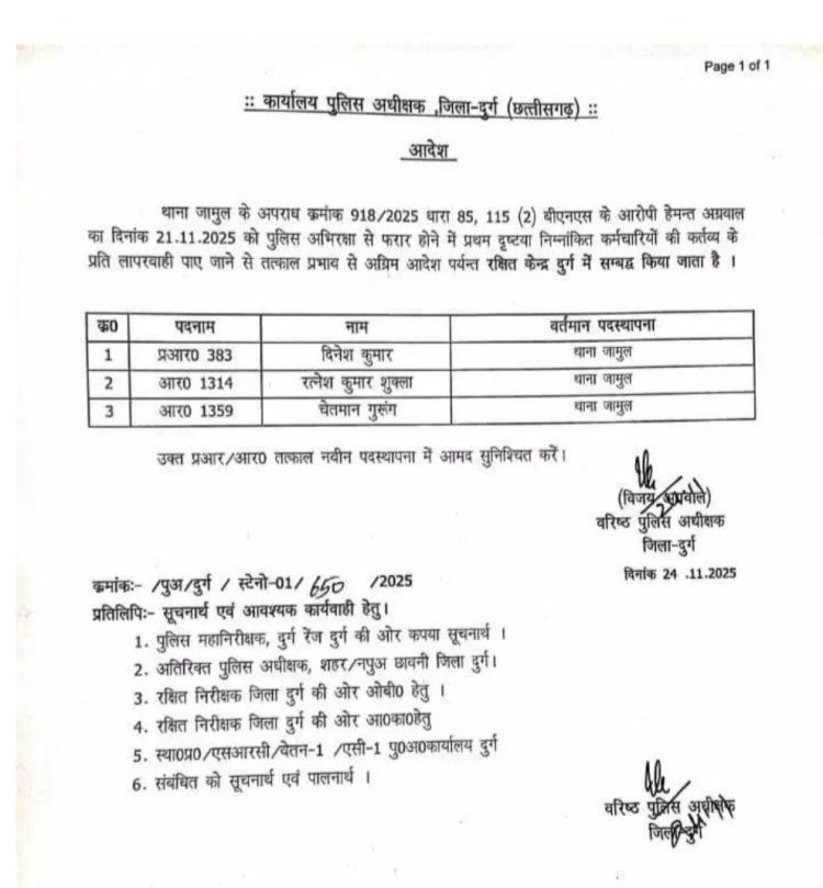 पुलिस अभिरक्षा से आरोपी फरार: एसएसपी ने जामुल थाना के तीन पुलिसकर्मियों को किया लाइन अटैच