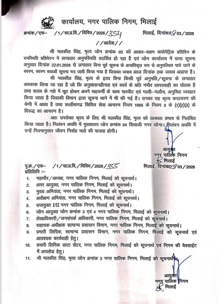 नशे में मारपीट और लगातार अनुपस्थित रहने पर भिलाई निगम का कर्मचारी सस्पेंड