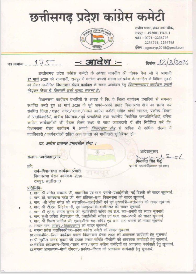 17 मार्च को कांग्रेस करेगी छत्तीसगढ़ विधानसभा का घेराव 