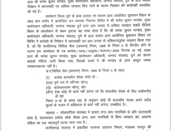 सुशासन तिहार शिविर में बदसलूकी के आरोप पर दुर्ग जनपद सीईओ सस्पेंड