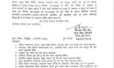 दुर्ग जिले में 29 और 30 अक्टूबर को स्कूलों में छुट्टी, खराब मौसम की आशंका के चलते DEO ने जारी किया आदेश